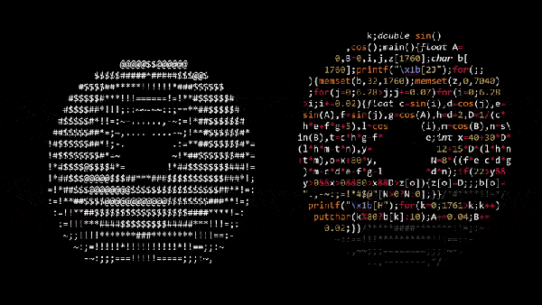 A donut as code compiles to a spinning donut by Jim Hague