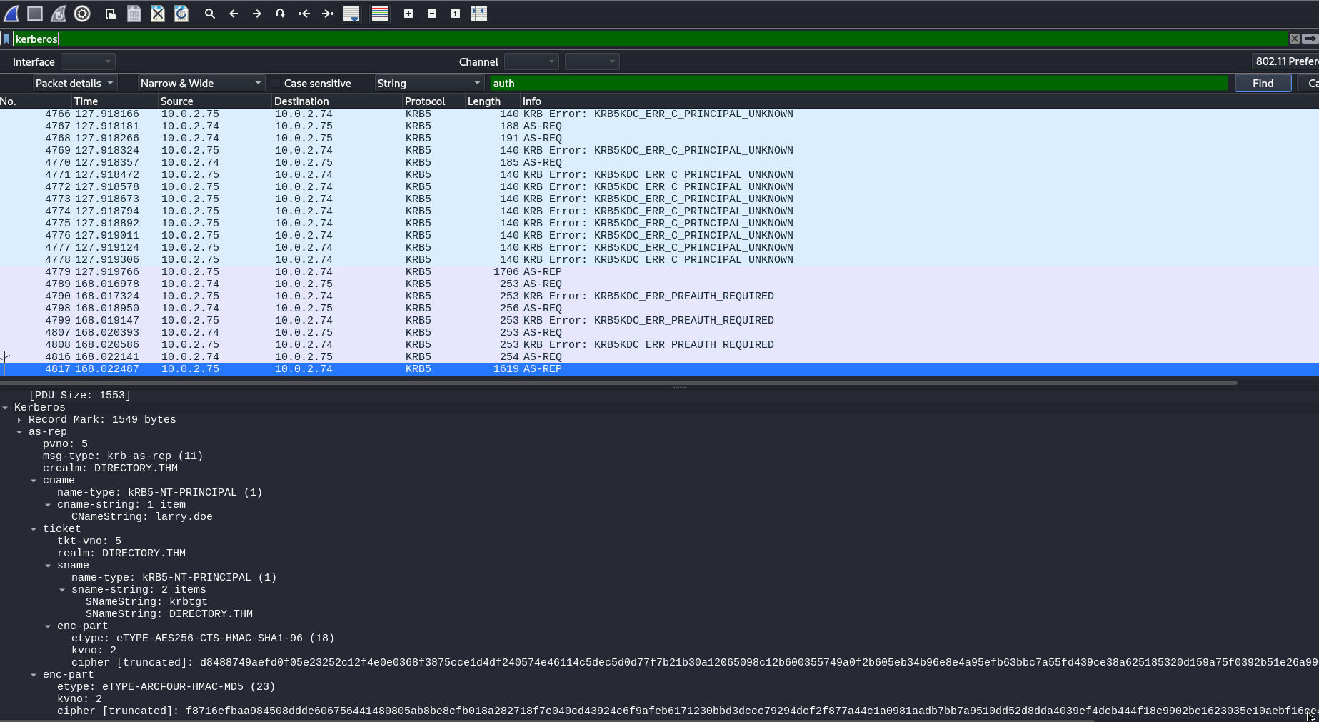 Wireshark, listing kerberos packages